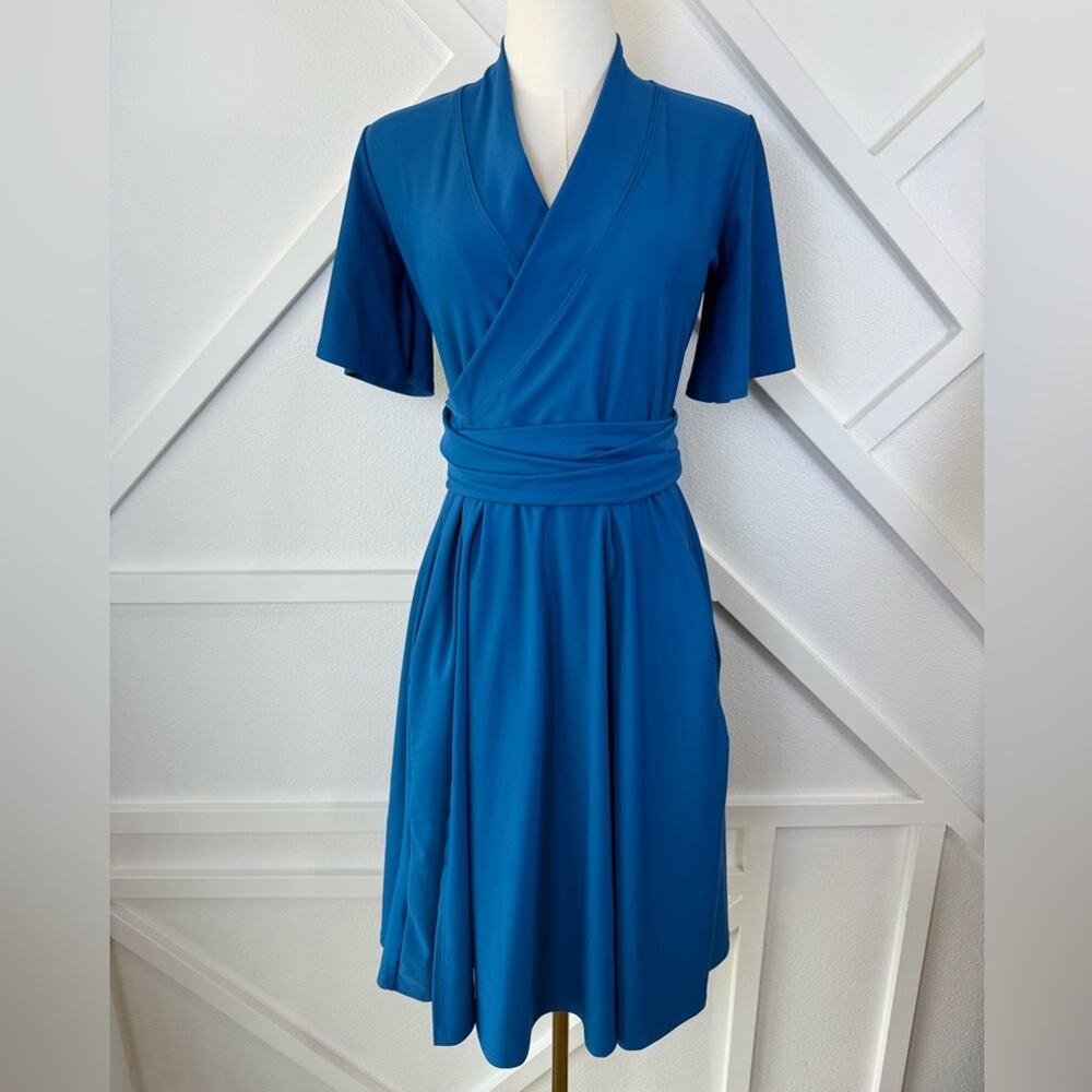 Elhoffer Design Essentials Flutter Sleeve Midi Wrap Dress Cerulean Blue Size XS